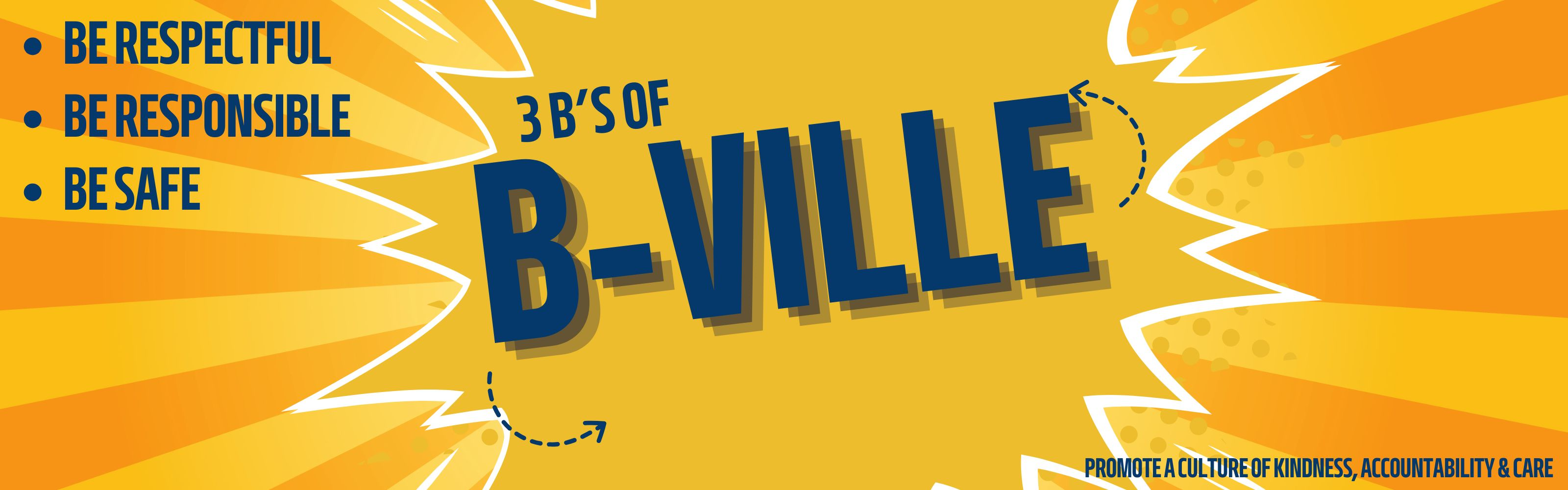 3 b's of B-Ville, Be respectful, be responsible, be safe, promote a culture of kindness, accountability &amp; care with yellow background