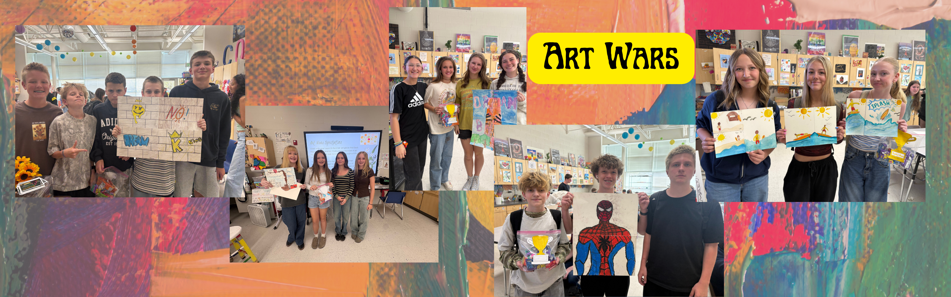 Art Wars- What's an art teacher to do right before and after a break? Maybe wage war!?! Art students in Ms. Park's class worked in small groups competing to create art within a theme, and the class voted for Best Use of Elements, Best Use of Materials, Most Creative, and the People's Choice. Students really put their creativity and community to use as they made art to win trophy bags! 