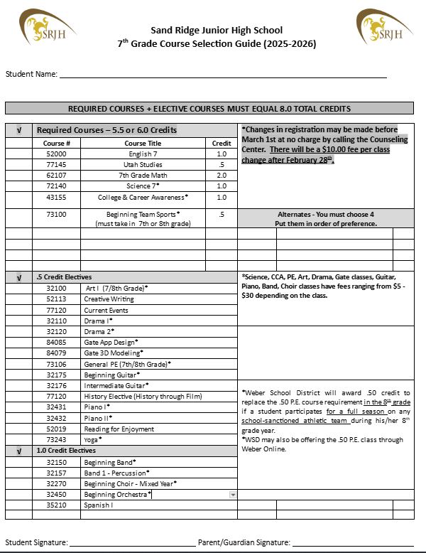 7th grade Class Selection Sheet