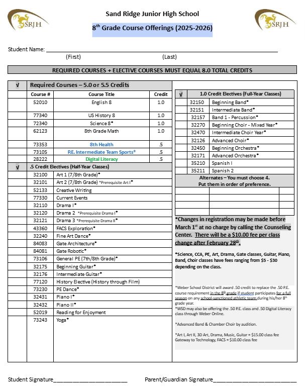 8th Grade Class Selection Sheet