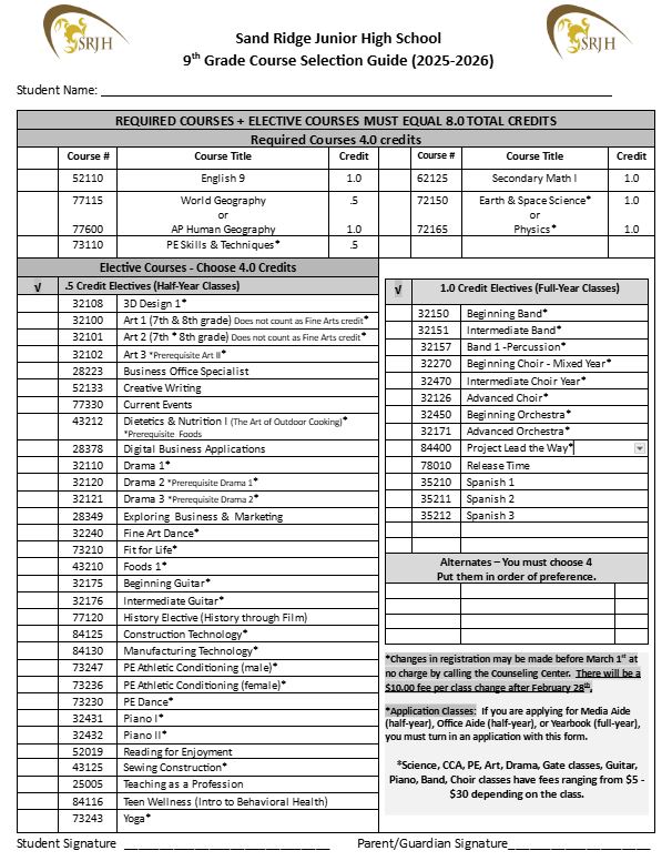 9th Grade Class Selection Sheet