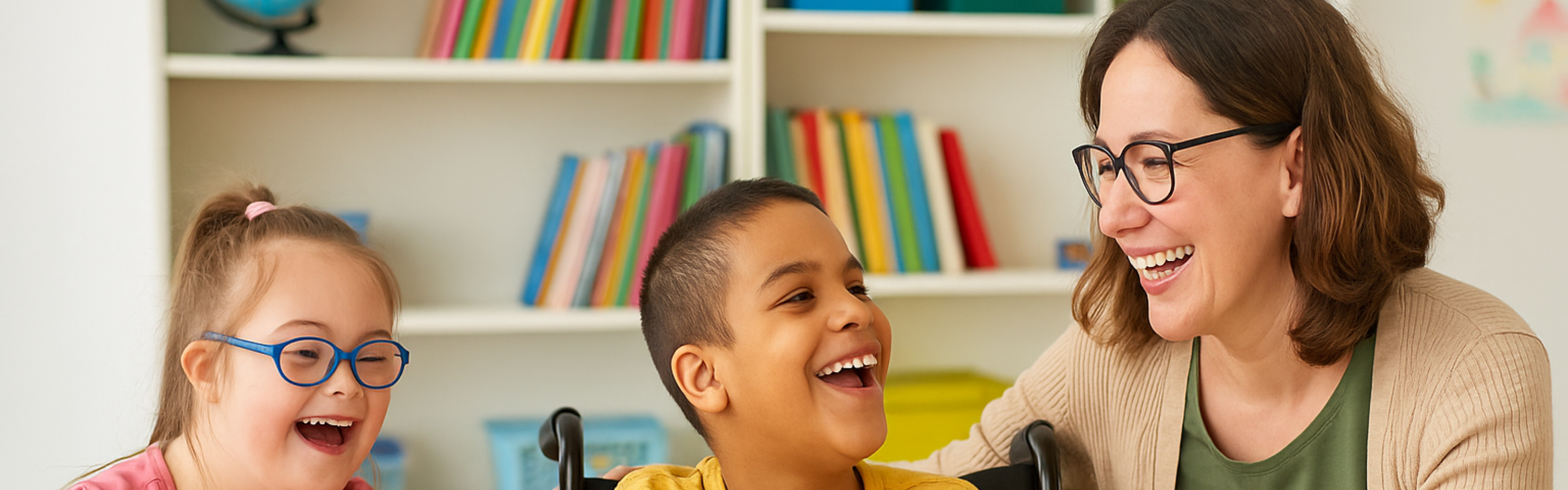 A smiling paraeducator with shoulder-length brown hair and glasses sits at a table with two students with disabilities, one boy in a wheelchair wearing a yellow shirt and a girl with Down syndrome wearing glasses and a pink shirt. All three are laughing and working on drawings together in a bright, colorful classroom.