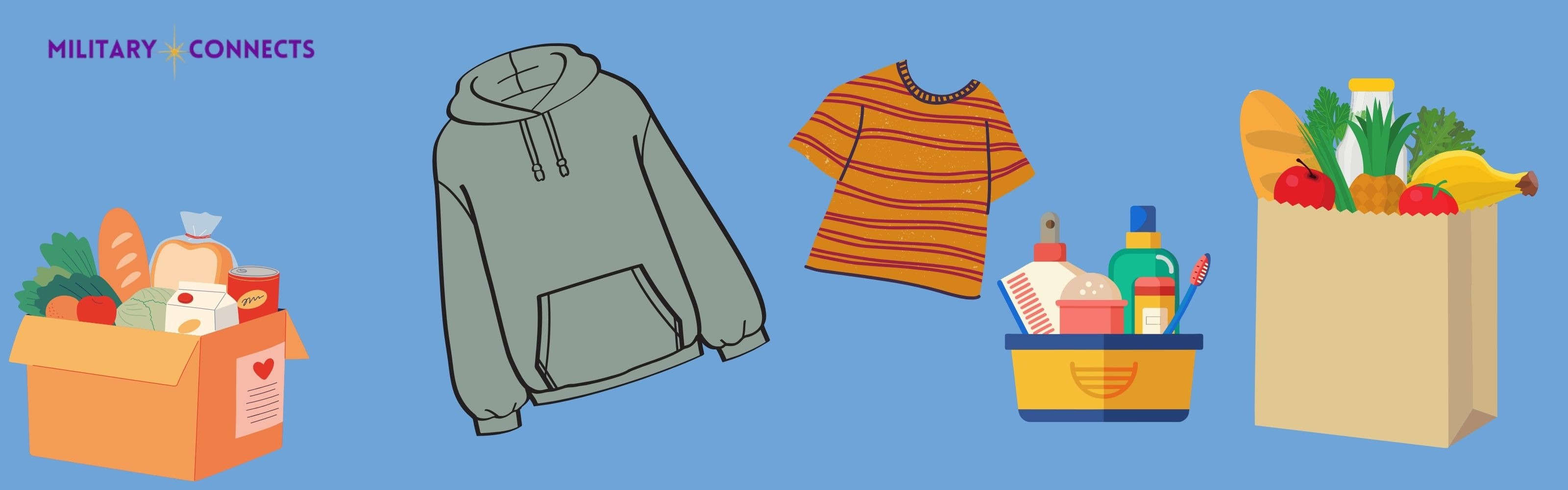 MILITARY CONNECTS Pantry PICK-UP 5-6:30pm Tuesdays/Thursdays. Location: Weber School District Office, SE Parking Lot, 5320 Adams Ave Pkwy, Ogden, UT 84405. Available for Pick-Up: Pantry Packs, Meal in a Bag, Laundry Kits, Hygiene Kits, Adult Sweatshirts, Youth T-shirts. Requests for specific items such as diapers, wipes, underwear, winter boots etc. can be made through the QR Code. The image is a flyer promoting a military community food pantry and essential item pick-up event, featuring an abstract graphic of colorful fruit and vegetables and a QR code for specific requests.