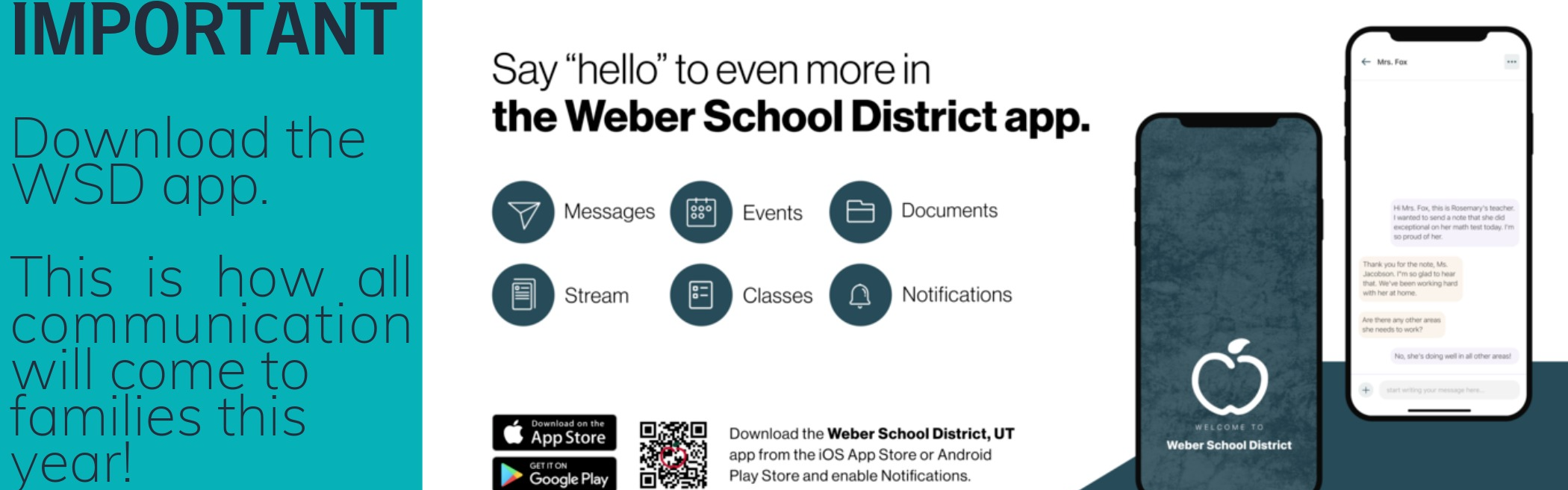 Phone with information about the WSD app and how to sign up.  IMPORTANT: download the WSD app. This is how all communication will come to families this year.