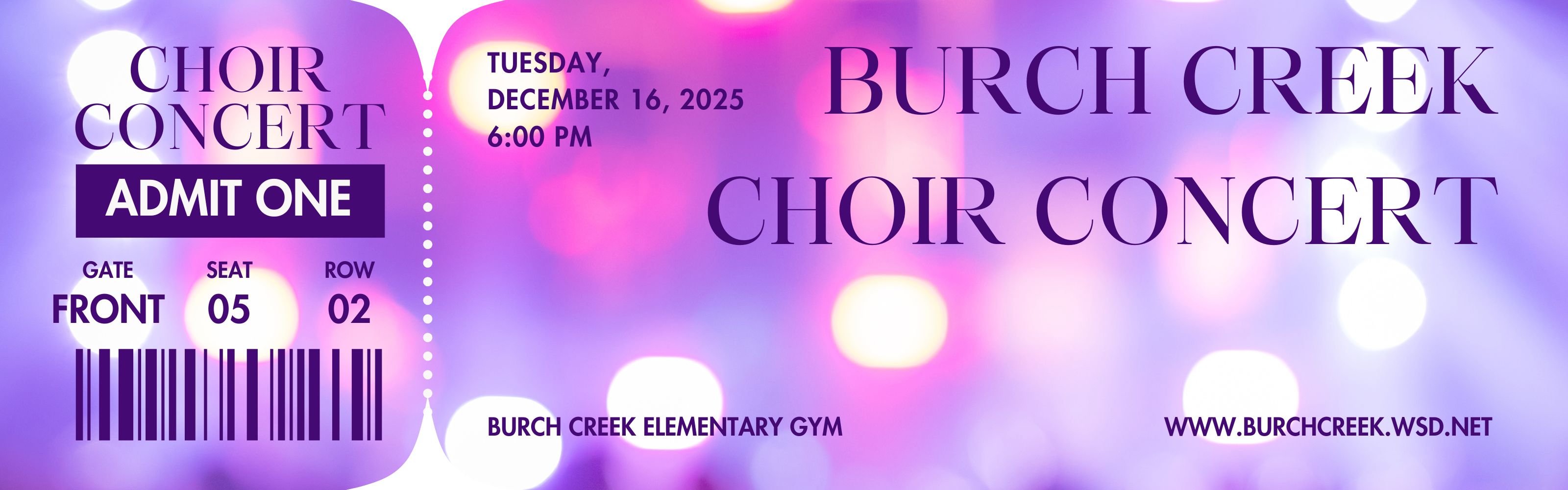 Choir Concert Tuesday, December 16, 2025 6:00 PM. Ticket design for artistic effect. 