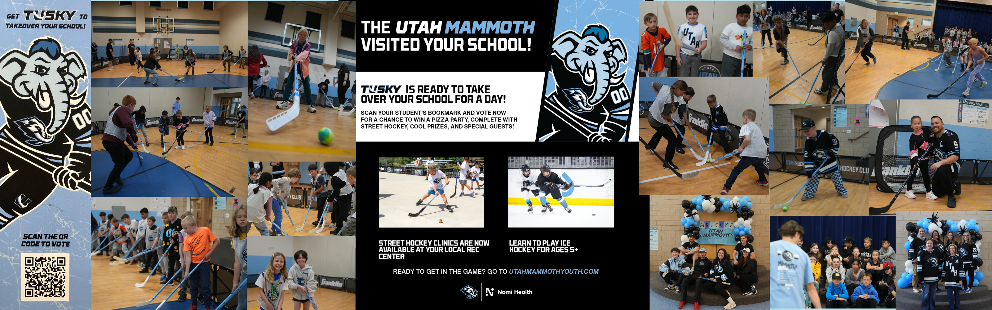 Utah Mammoth Takeover Day at Burch Creek Elementary with students participating in gym hockey.