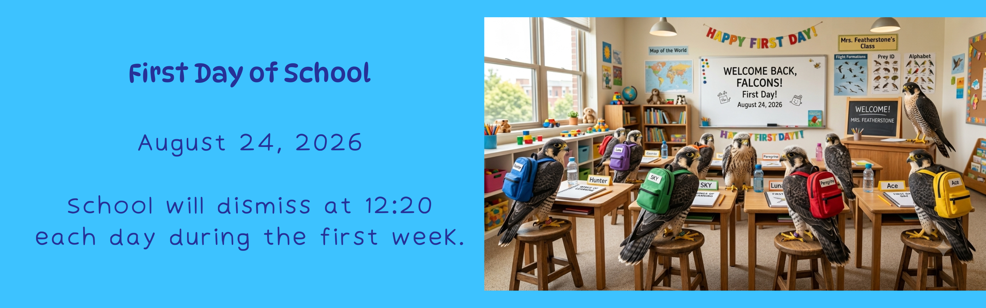 Image of falcon children in their classroom on the first day of school. School starts on August 24 and is dismissed at 12:20 each day of the first week.