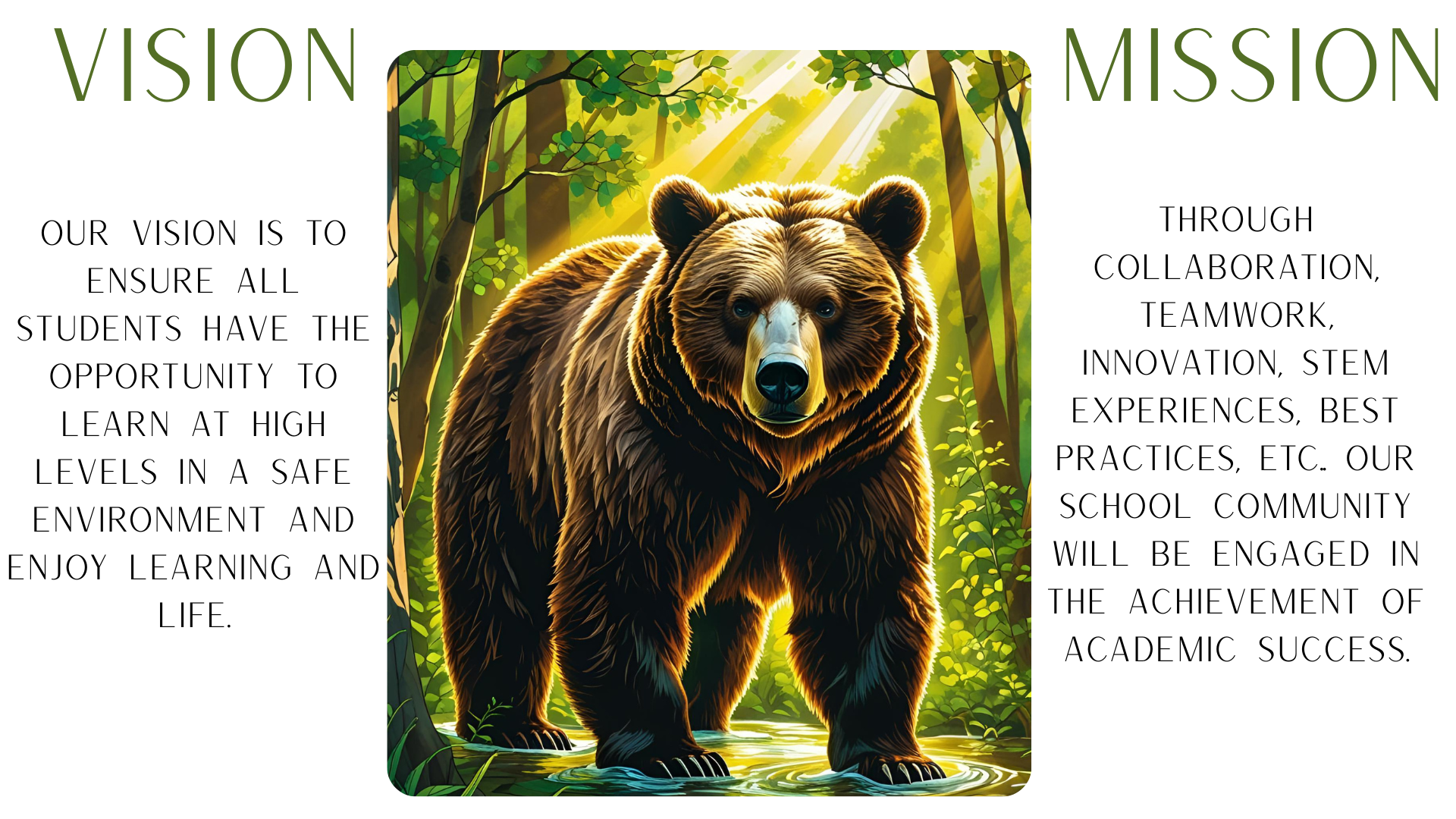 vision & mission statements: Mission Through collaboration, teamwork, innovation, STEM experiences, best practices, etc.. our school community will be engaged in the achievement of academic success. Vision Our vision is: to ensure all students have the opportunity to learn at high levels in a safe environment and enjoy learning and life.