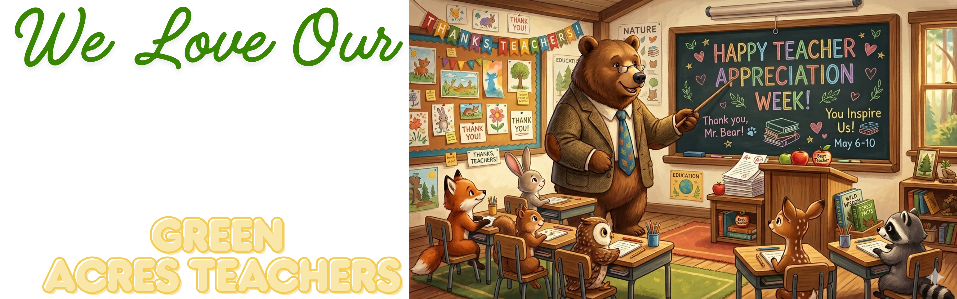 A teacher bear teaching other little animals with Teacher Appreciation on the board and the date of May 6-10.  We Love Our Green Acres Teachers