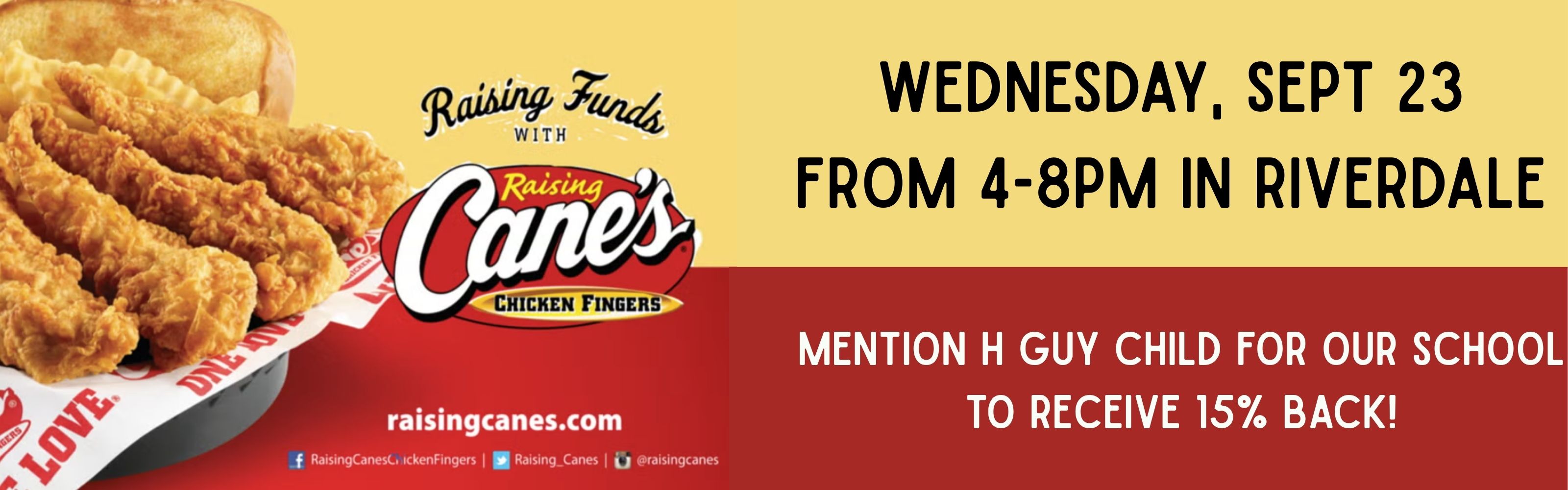 raising canes fundraiser wednesday sept 23 from 4-8pm in riverdale