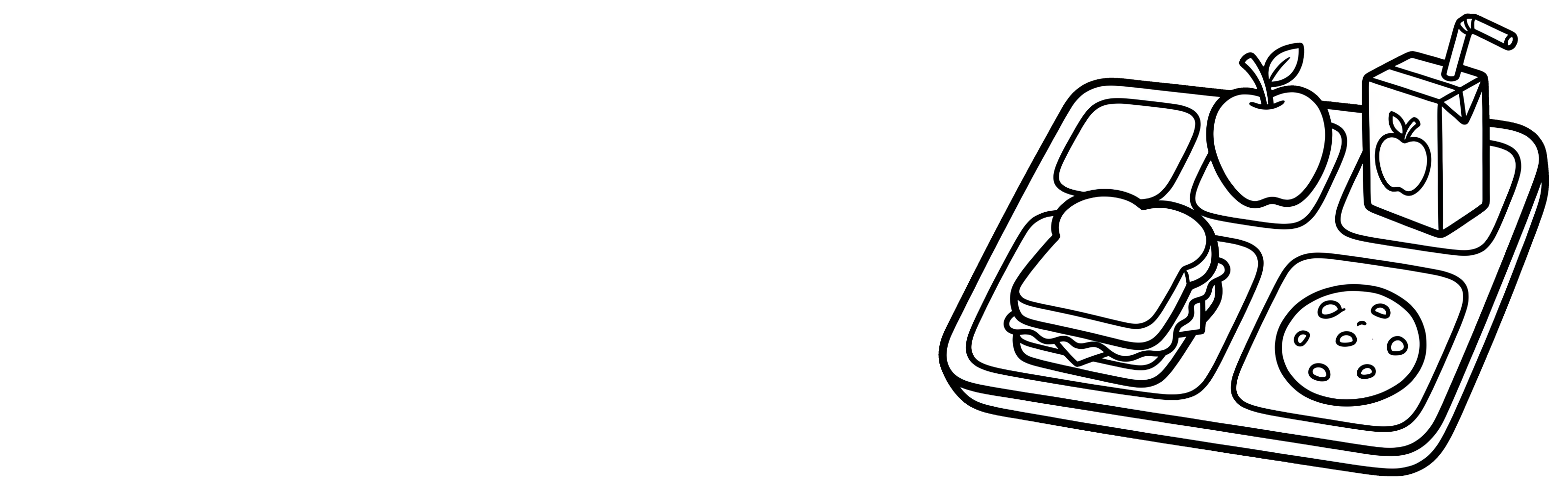 A wide website banner featuring a black and white line art illustration of a school lunch tray on the right side. The tray holds a sandwich, apple, juice box, and cookie, leaving the left side empty for text