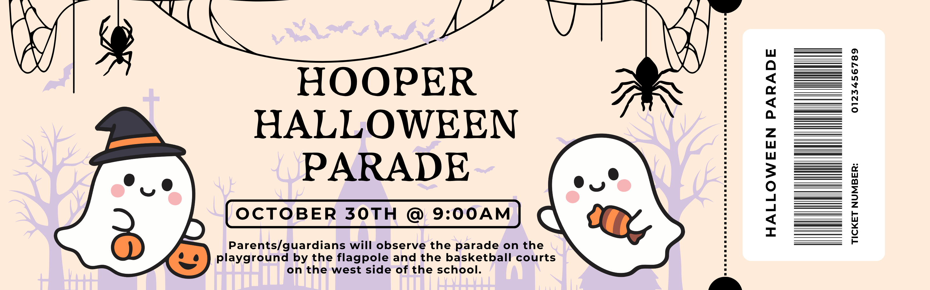 Halloween-themed flyer for Hooper Elementary’s Halloween Parade on October 30 at 9:00 a.m. The design features cute ghosts, spiders, bats, a witch hat, pumpkins, candy, and a spooky purple-and-orange background. Text explains that parents and guardians can observe the parade from the playground near the flagpole and basketball courts on the west side of the school. A decorative “Halloween Parade” ticket graphic appears on the right.
