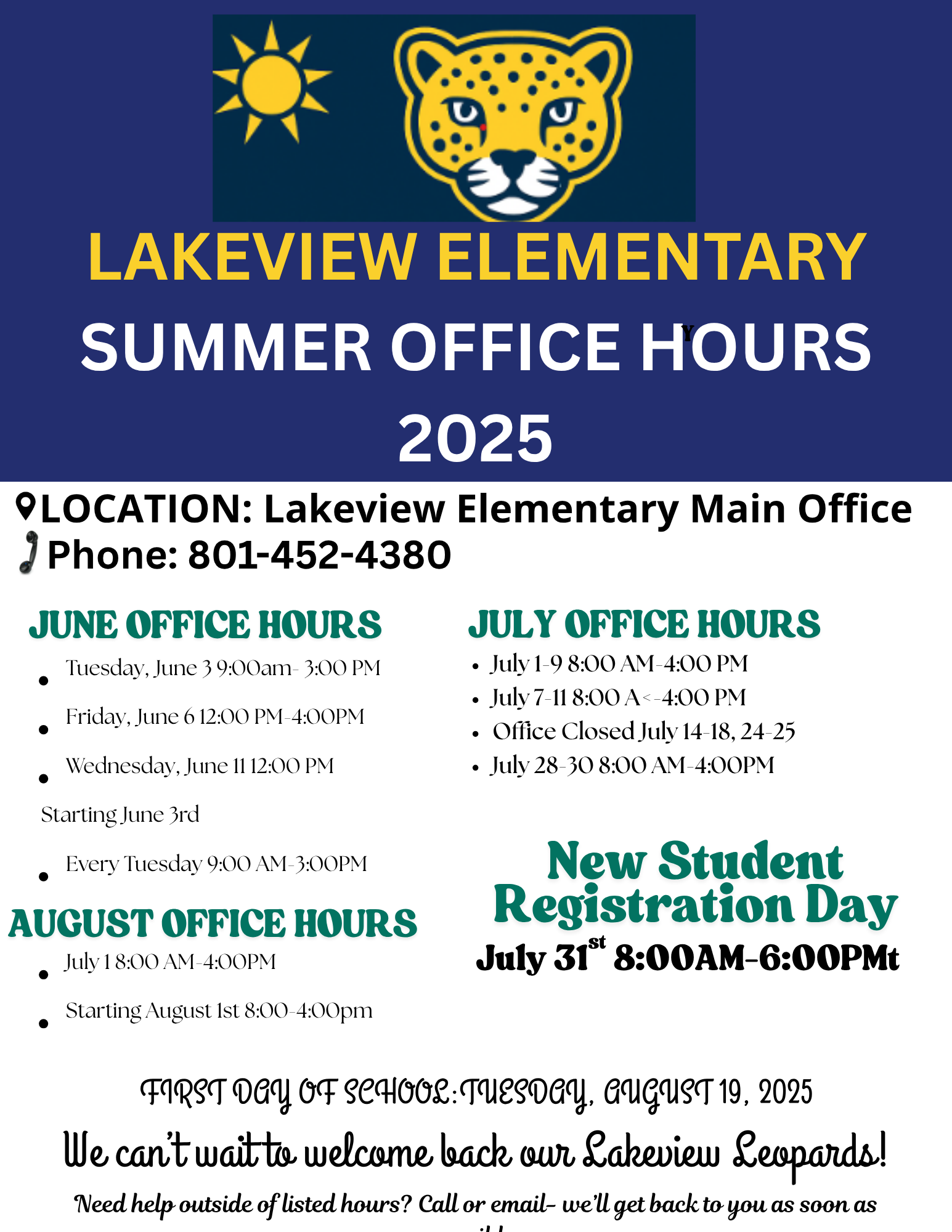 Lakeview summer office hours 2025 