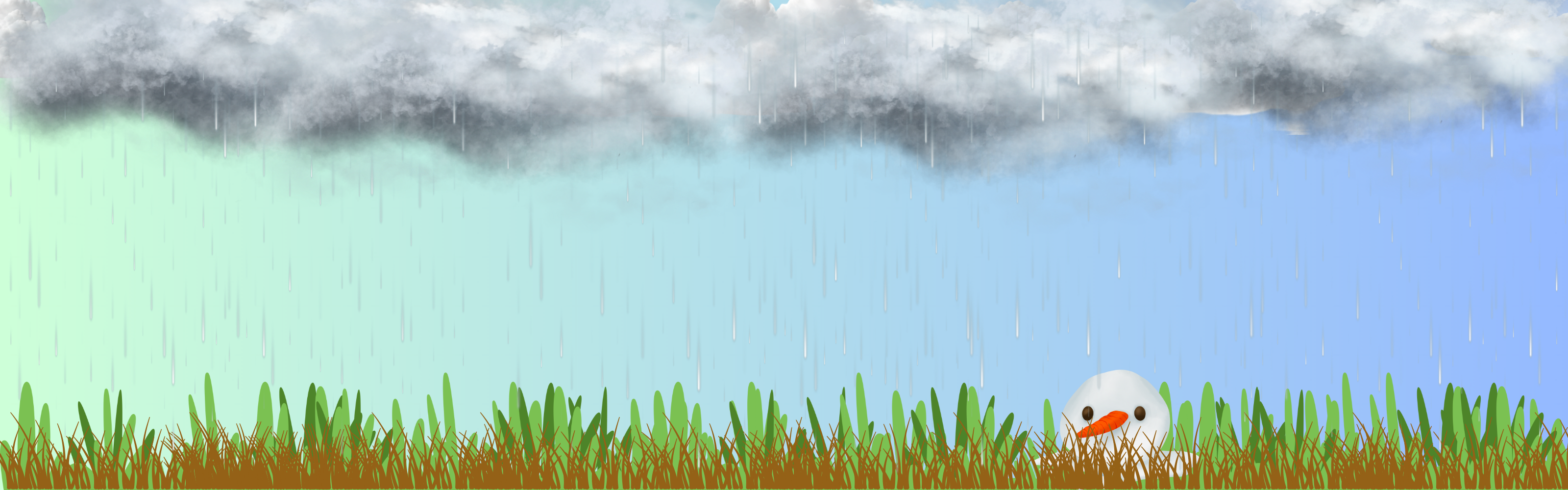 February No school on Monday 16th, clouds with rain, green brown grass with a melted snowman