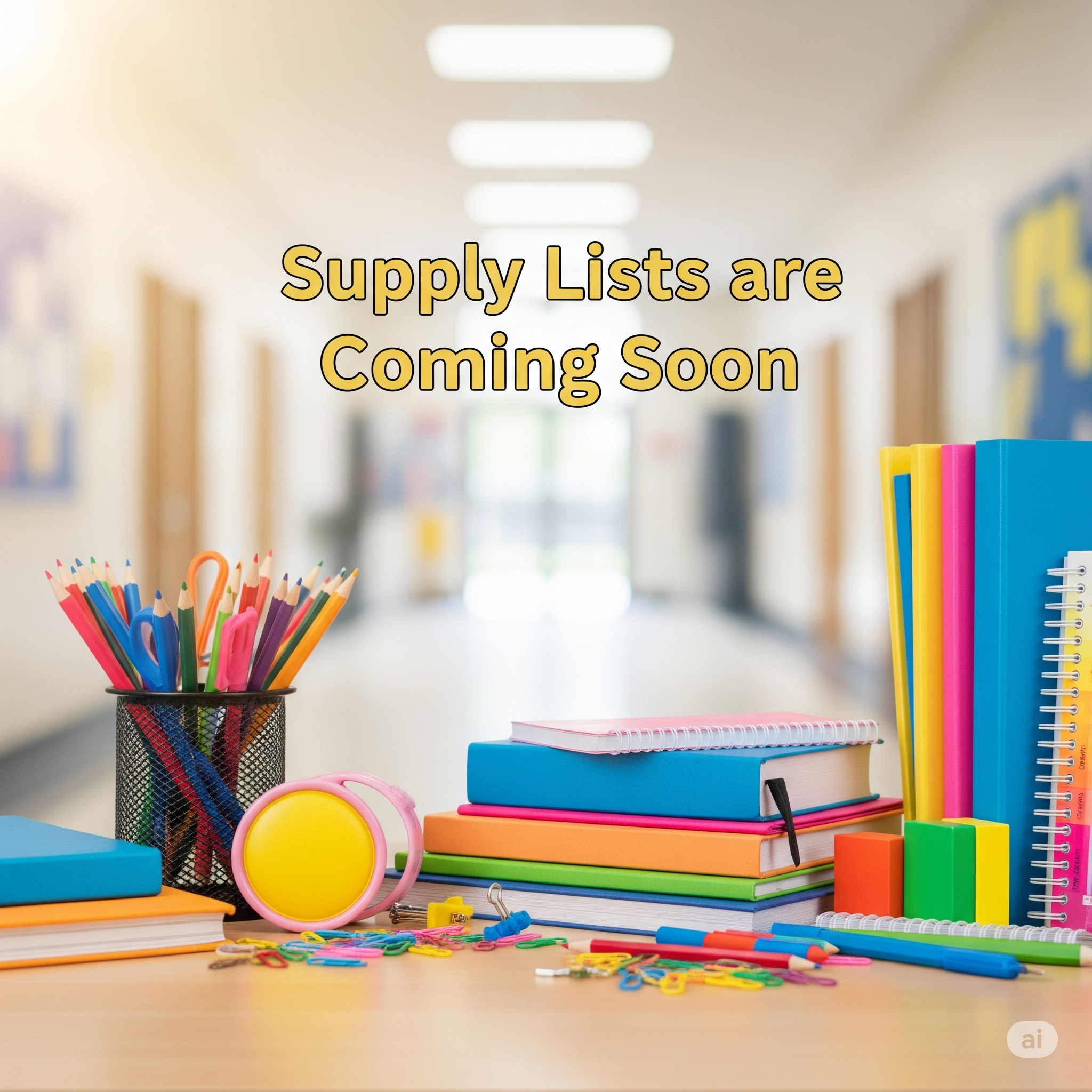 A desk in a school hallway is filled with colorful school supplies like pencils, notebooks, and books, with the text "Supply Lists are Coming Soon" displayed prominently.
