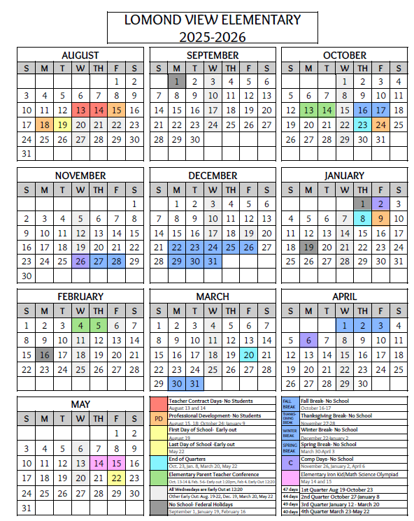  A school calendar for Lomond View Elementary, covering the 2025-2026 academic year, with a grid for each month from August to May. Key dates are highlighted in various colors, and a legend below the calendar explains the color coding for holidays, professional development days, early outs, breaks, and quarter ends.