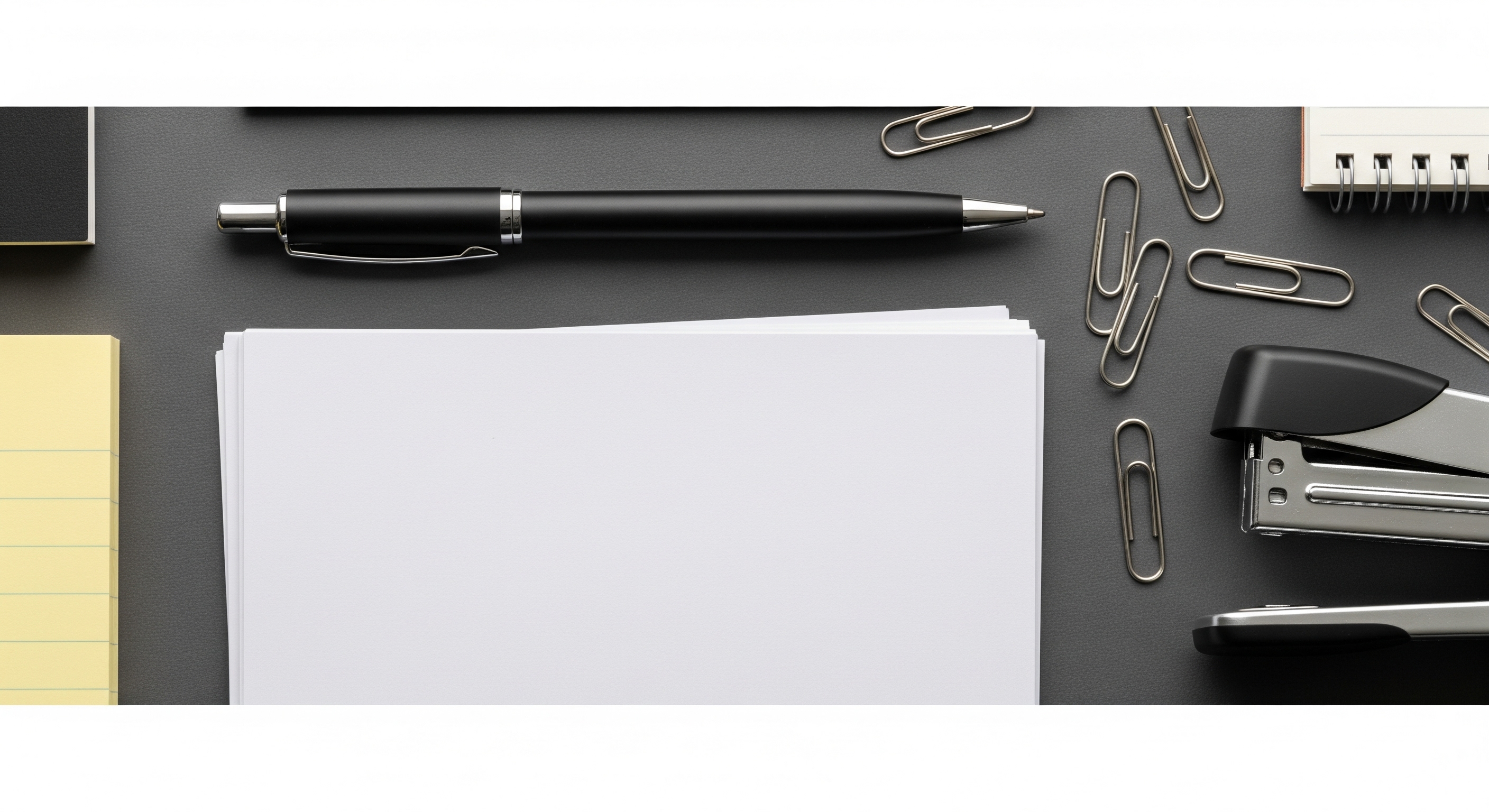A simple decorative image showing a pen and paper clips on a gray background.