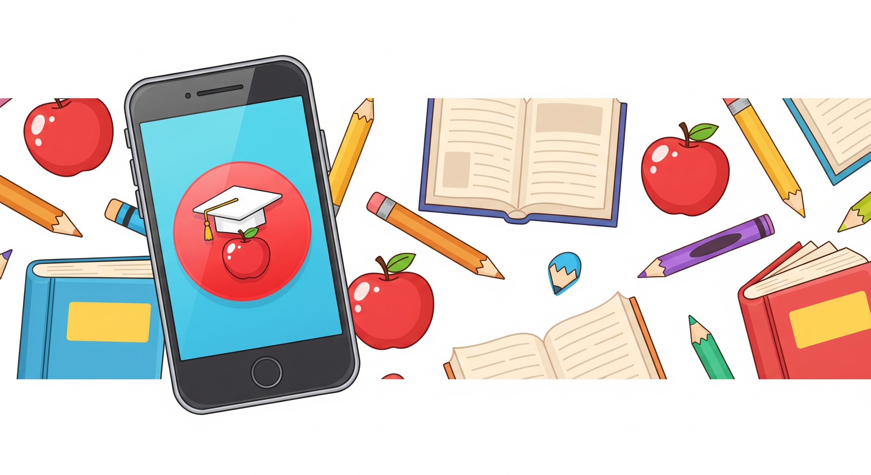 A colorful, cartoon-style banner image with a smartphone showing an app icon, surrounded by books, pencils, and apples.