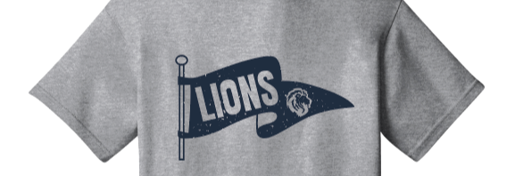 T-shirt with a flag banner saying Lion's and a decal of a lion. 