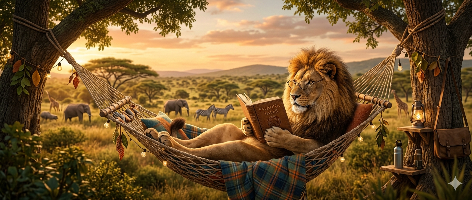 A wide banner-style digital illustration of a majestic male lion relaxing in a woven hammock strung between two large trees in the African savanna. The lion is wearing round spectacles and is focused on reading a thick book titled "Savanna Tales." The scene is set during a warm sunset, with soft golden light illuminating the background where elephants, giraffes, and zebras graze peacefully. Cozy details like a plaid blanket, a hanging lantern, and string lights add a whimsical, serene atmosphere to the image.