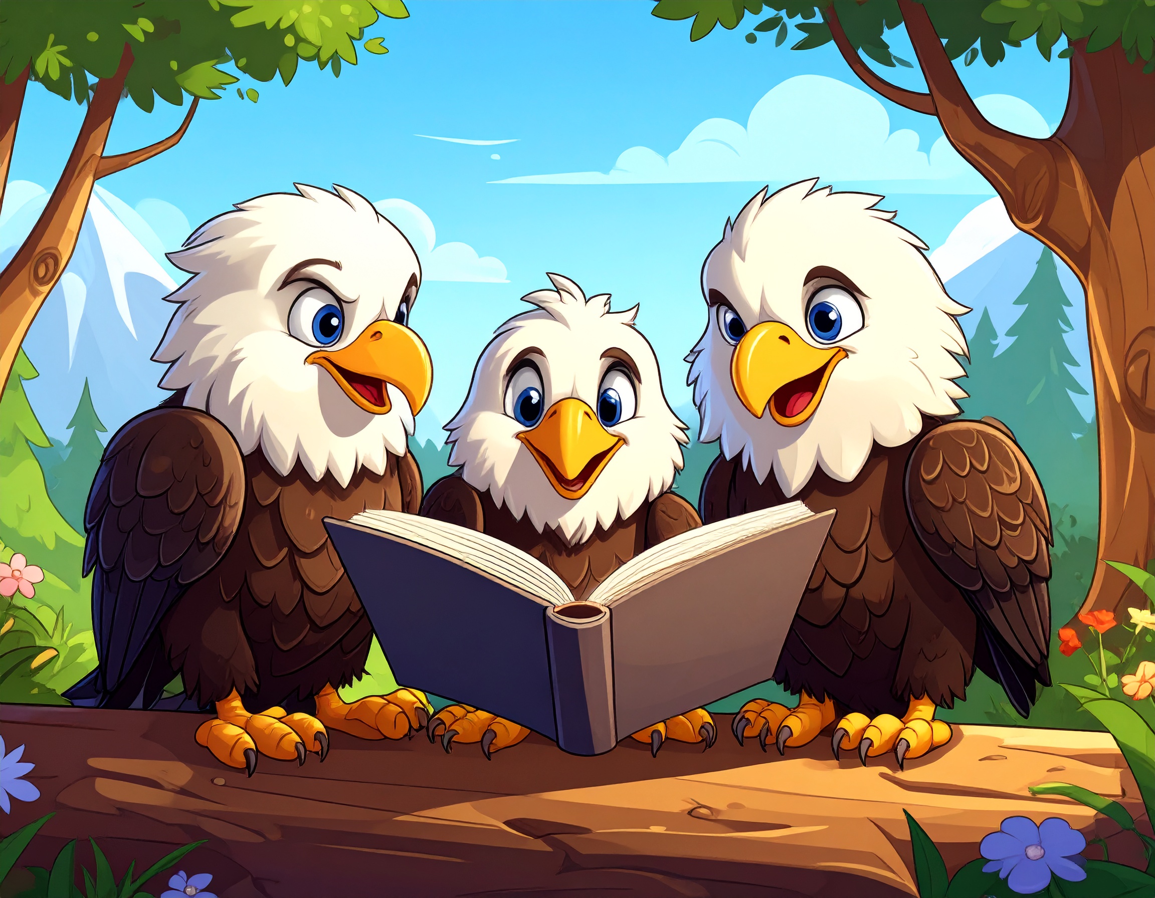 3 eagles reading a book