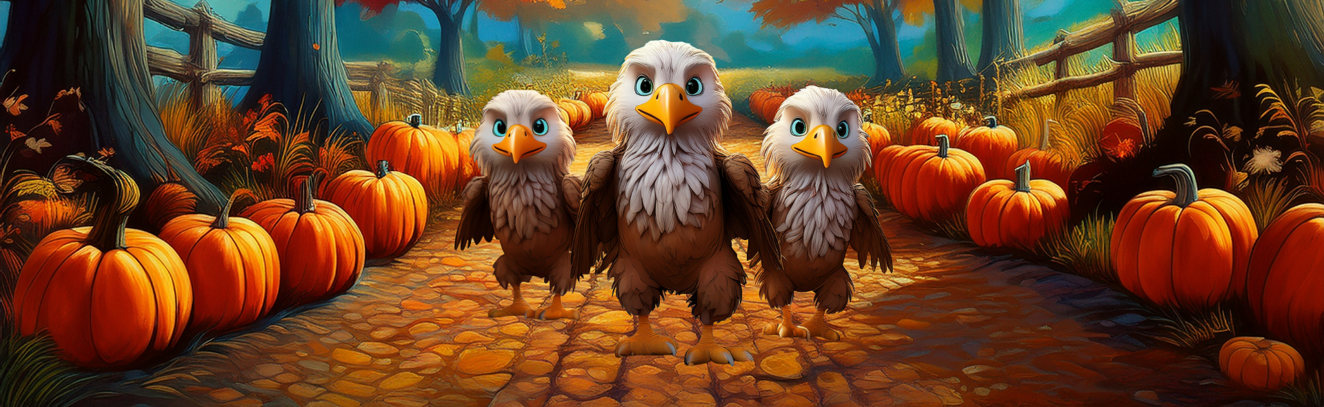 A whimsical, autumnal illustration of three anthropomorphic baby eagles standing shoulder-to-shoulder on a cobblestone path. They are walking through a pumpkin patch or pumpkin walk, with rows of bright orange pumpkins lining the path on both sides. The background shows a wooden fence, dark tree trunks, and a forest with fall foliage in shades of orange and yellow.