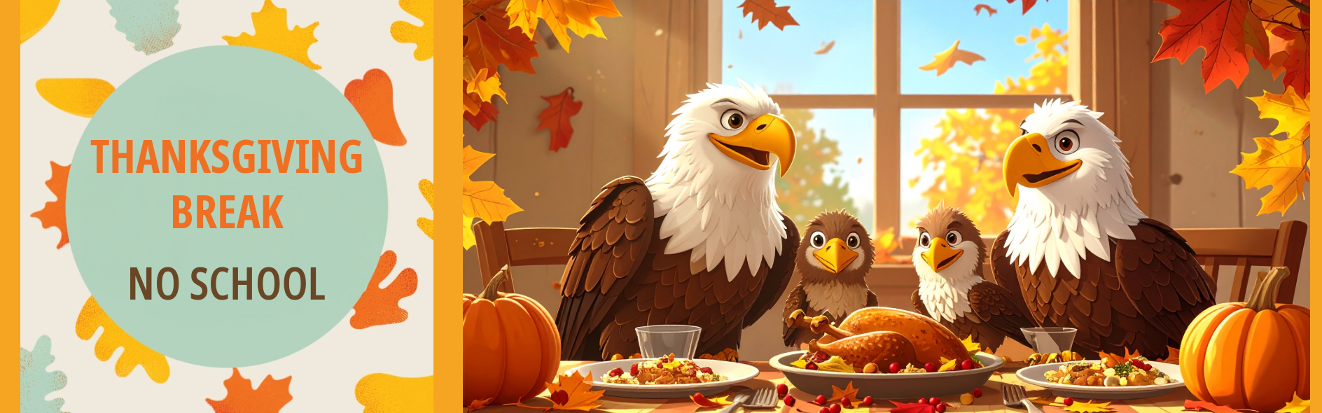 A festive, animated illustration of a bald eagle family—two adult eagles and two younger eaglets—gathered around a dining table set for a Thanksgiving meal. A roasted turkey is centered on the table, surrounded by plates of food and pumpkins. The scene is warm and autumnal, with brightly colored fall leaves (red, orange, and yellow) visible through a large window and falling inside the room. The entire image is set against a solid orange background.
