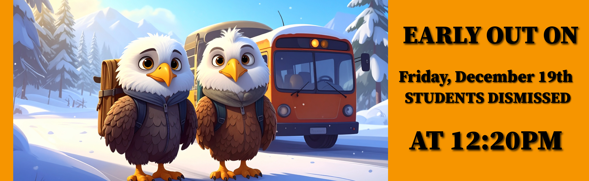 A school announcement banner for an Early Out Day on an orange background. The left side features a snowy winter scene with two cartoon eaglets wearing backpacks, standing in front of a snow-covered school bus. The text on the right side announces: "EARLY OUT ON Friday, December 19th STUDENTS DISMISSED AT 12:20 PM."