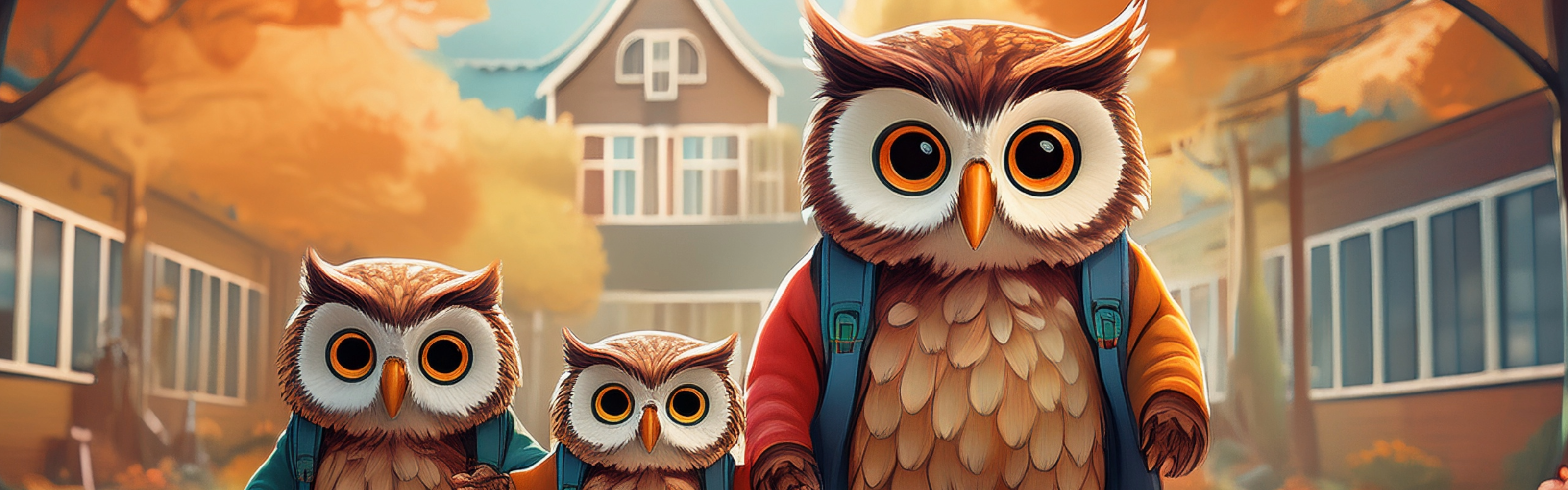 Decorative- a family of owls going to a school open house
