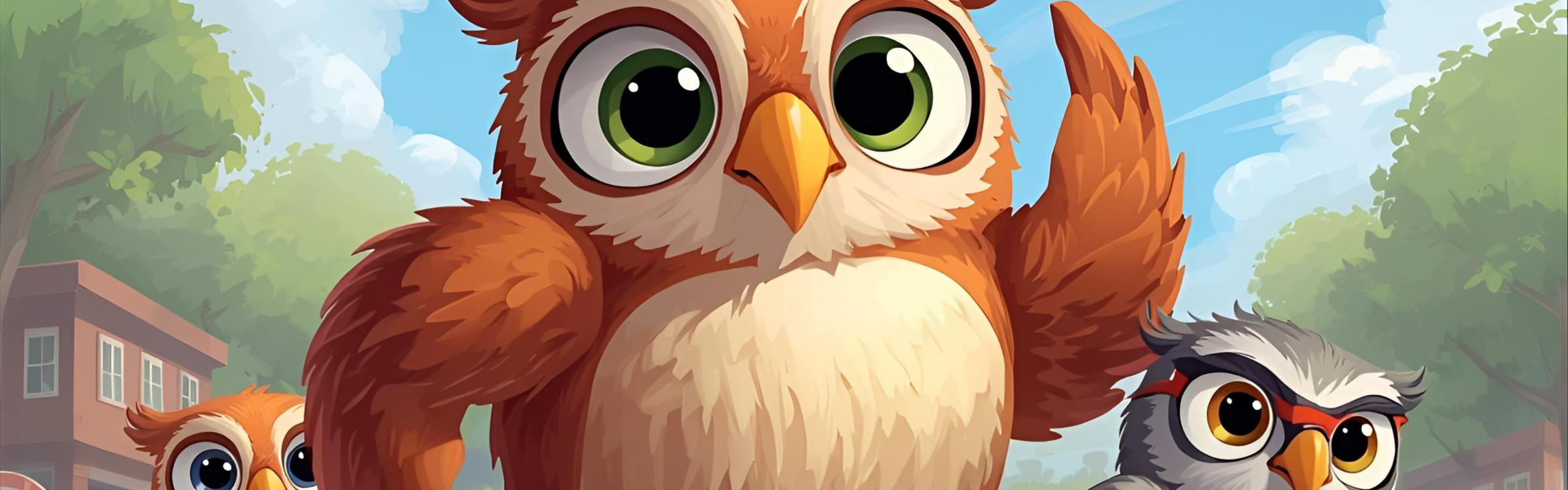 A cartoon like image of owls running.