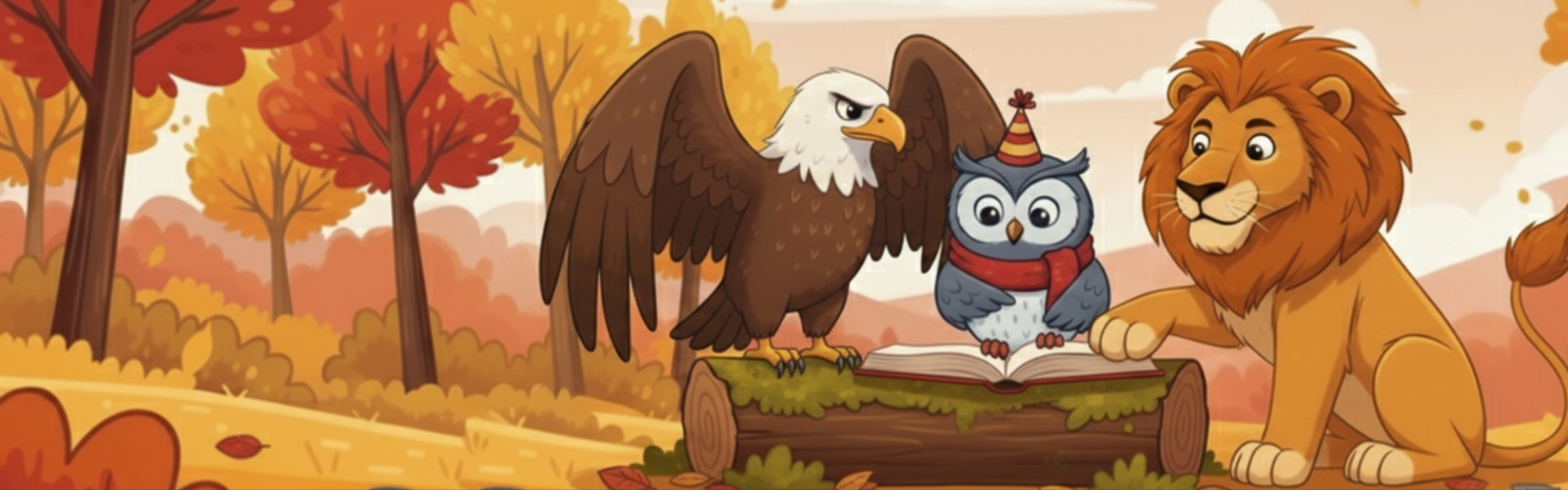 Alt Text: A stylized illustration of an owl, an eagle, and a lion clustered together on the far right side of a website banner, symbolizing three schools working together in collaboration.
