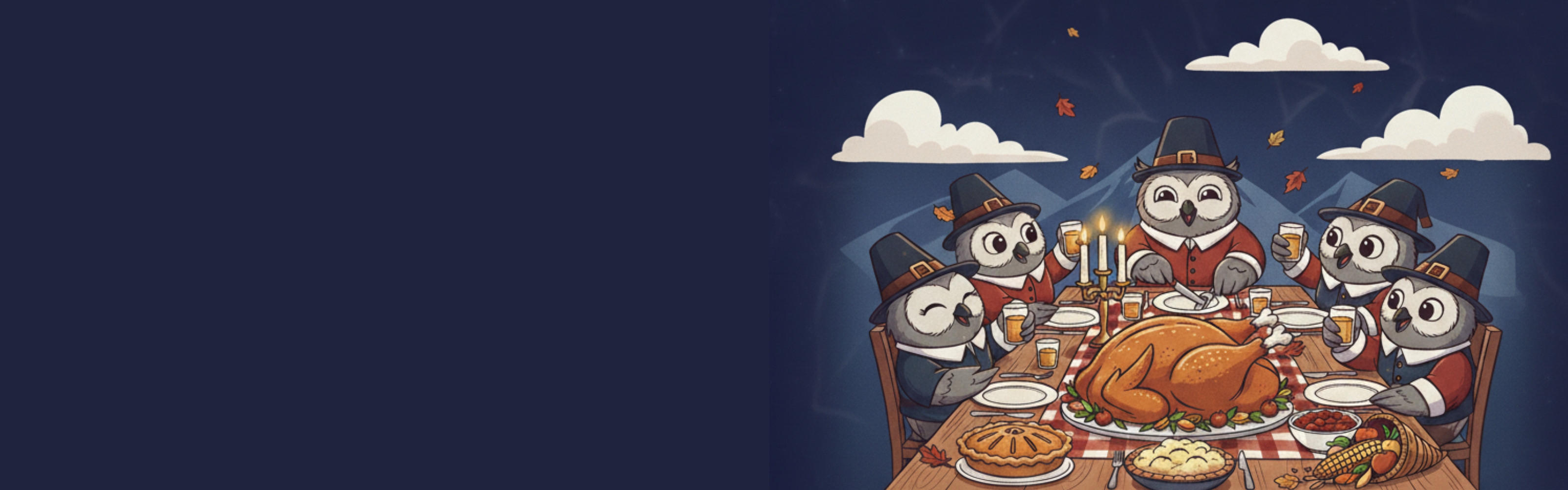 cartoon banner showing five owls in pilgrim hats celebrating Thanksgiving dinner around a long table with a turkey.