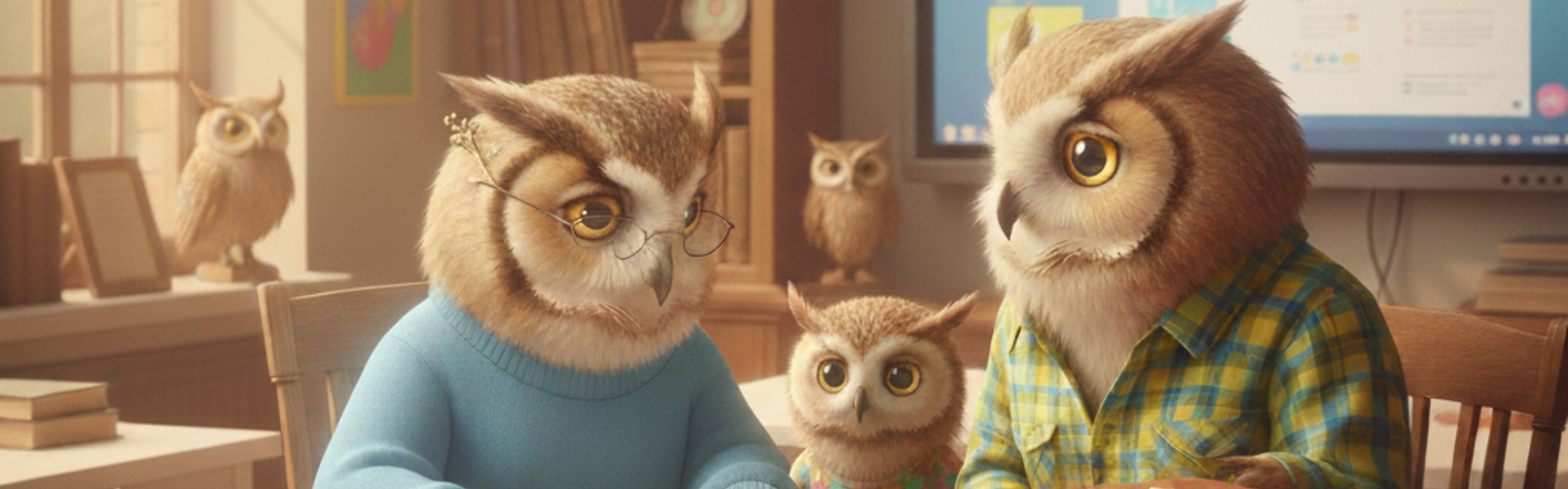 A family of owls attending a parent-teacher conference in a classroom.