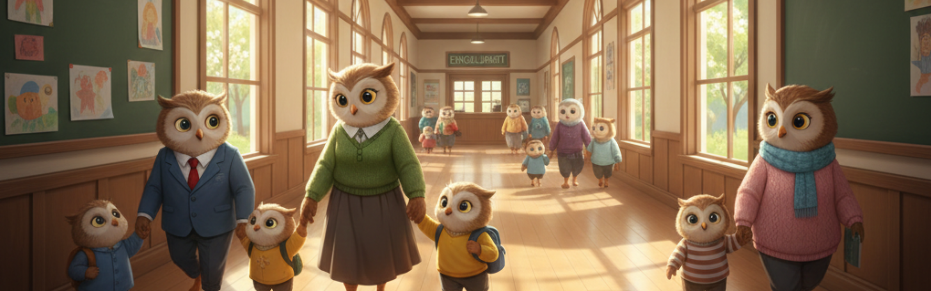 Owl students and parents in the entrance of a school.