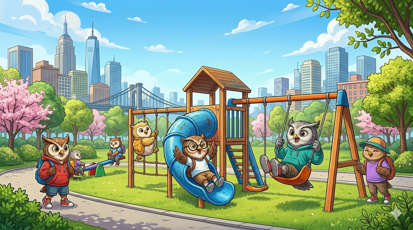 Humanlike owls playing at a city park that has slides and swings.