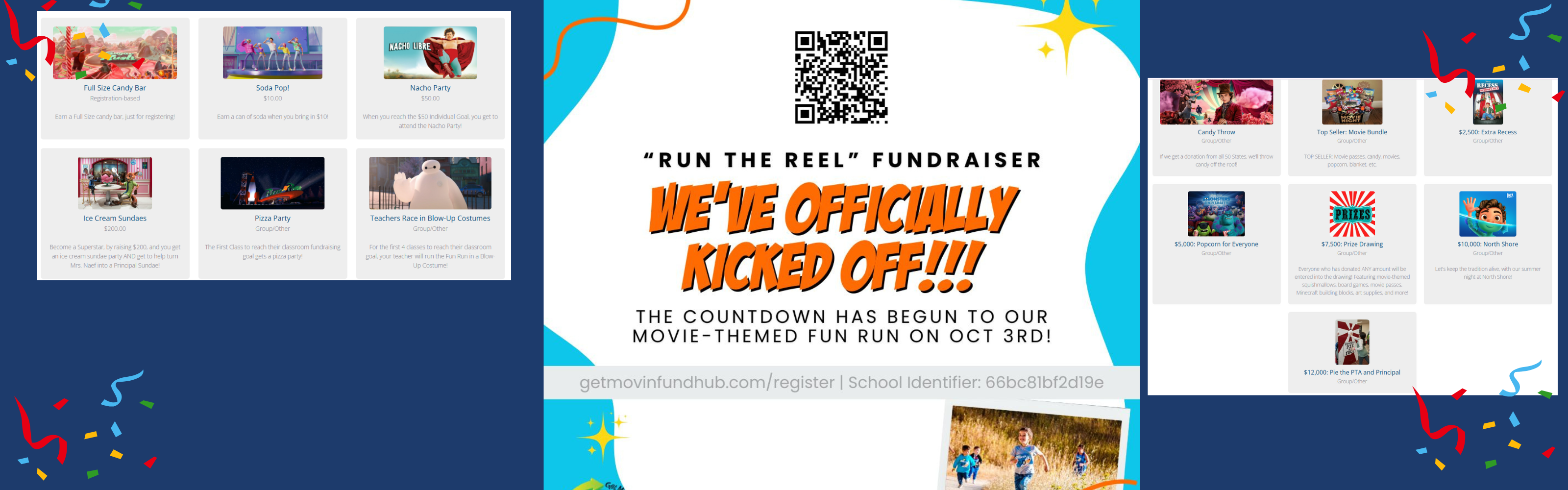 RUN the REEL Fundraiser  We've Officially Kicked Off!!!  The Countdown has begun to our movie-themed fun run on Oct 3rd.  getmovinfundhub.com/register/ School Identifier:  66bc81bf2d19e