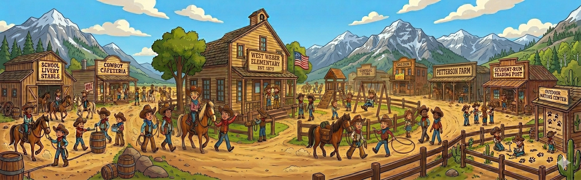 An ultra-wide, vibrant cartoon illustration of "West Weber Elementary," a fictional Old West-themed primary school set against the snow-capped Ogden, Utah mountains. The scene is filled with diverse children aged 8-13 dressed as cowboys and cowgirls, engaged in various school activities. To the left, students lead horses near a "School Livery Stable" and "Cowboy Cafeteria." In the center, the main schoolhouse features a sign reading "West Weber Elementary Est. 1873," with children playing on a wooden playground nearby. To the right, additional wooden buildings include a "Petterson Farm," a "Student-Run Trading Post," and an "Outdoor Nature Center" where children examine animal tracks. The entire scene is set on a dirt grounds surrounded by a split-rail fence under a bright blue sky.