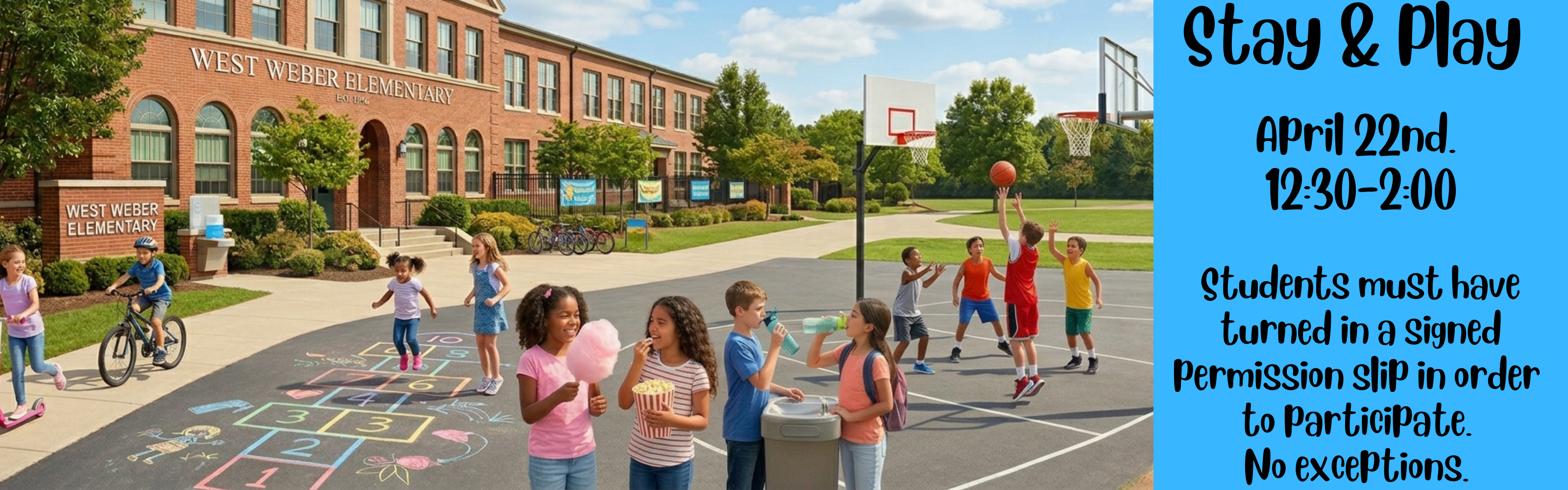A panoramic outdoor photograph shows the bustling brick façade of West Weber Elementary under a partly cloudy sky. Numerous children play and interact on a large paved courtyard and surrounding grassy fields. On the left, a girl in pink rides a scooter, and a boy rides a bike. Hopscotch courts with chalk art line the pavement. A group of diverse children are in the foreground, with one girl holding pink cotton candy, another a bucket of popcorn, and a third drinking from a water bottle near a drinking fountain. To the right, several boys play a game on a basketball court with multiple hoops, and a group plays baseball on a small field. Background trees and smaller figures add to the lively scene.