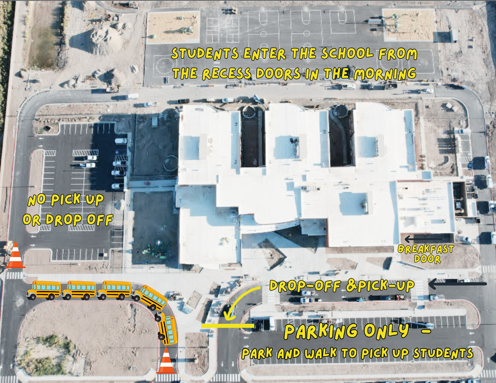visual of student drop-off and pick-up text instructions