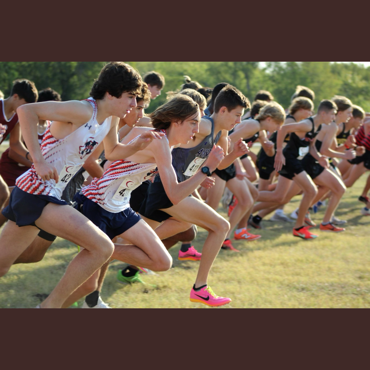 Varsity boys cross country a the starting line.