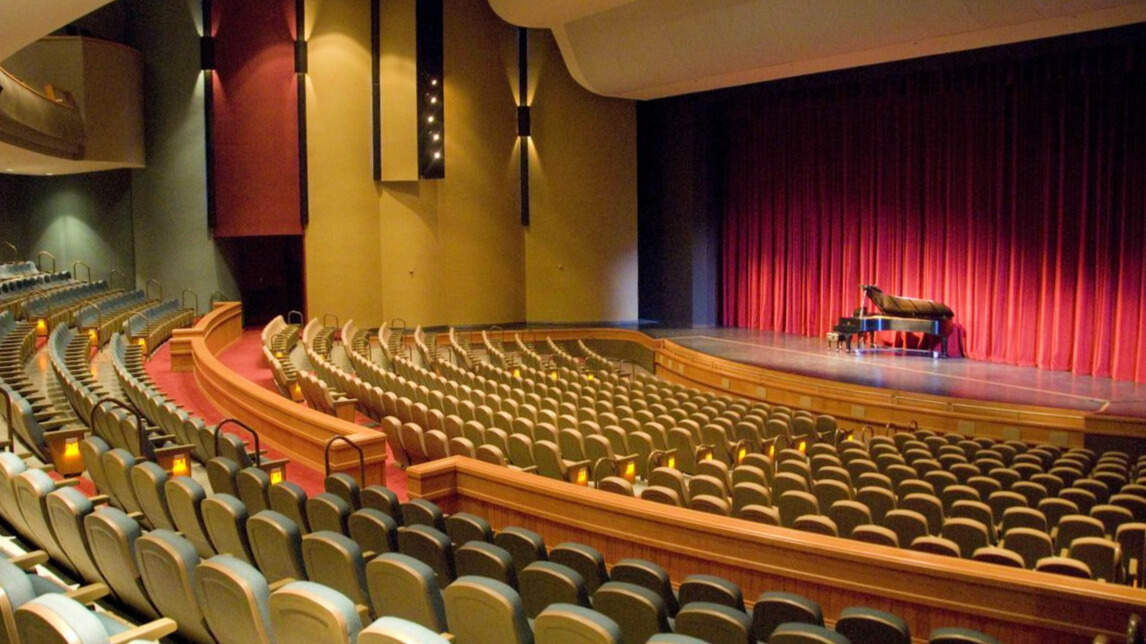 The interior of the Robson Performing Arts Center Main Theatre with the Steinway Grand Piano on Stage