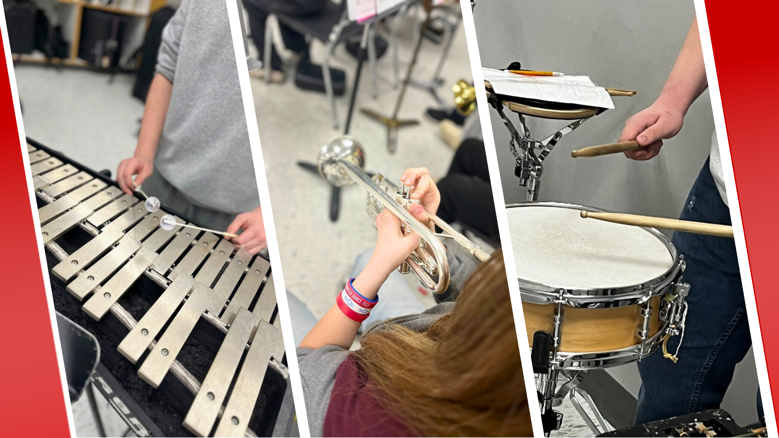 Junior High Band members playing a trumpet and snare drum