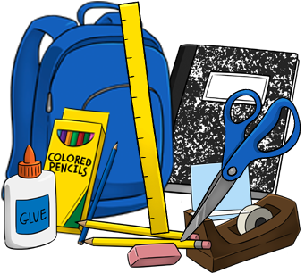 ilustration of a backpack, rule, notebook, glue and colors