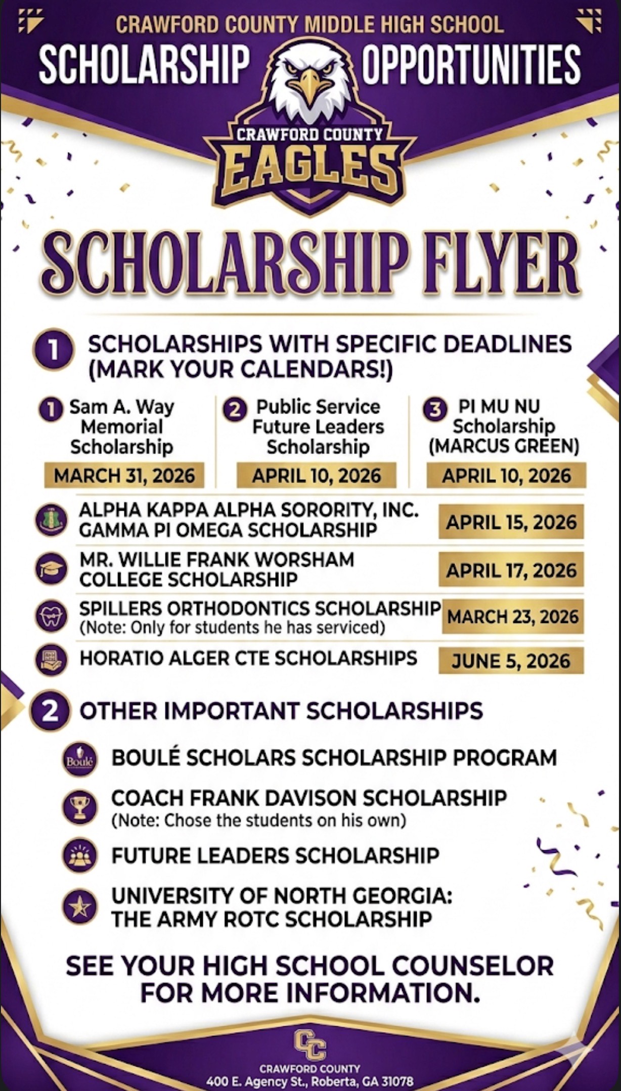 purple white and gold flyer with scholarship information