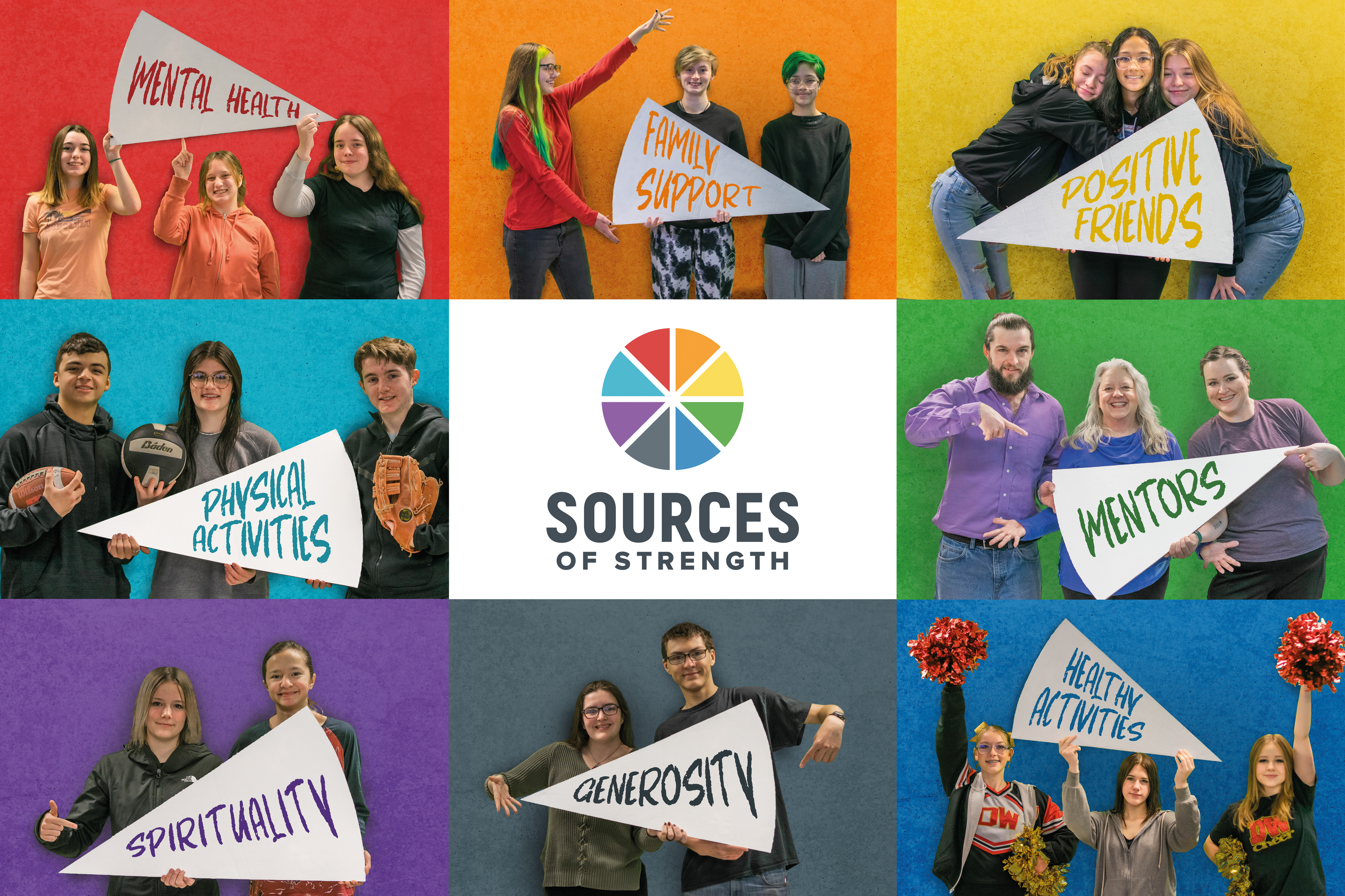 Sources of Strength. Students and staff holding signs reading mental health, family support, positive friends, physical activities, mentors, spirituality, generosity, healthy activities