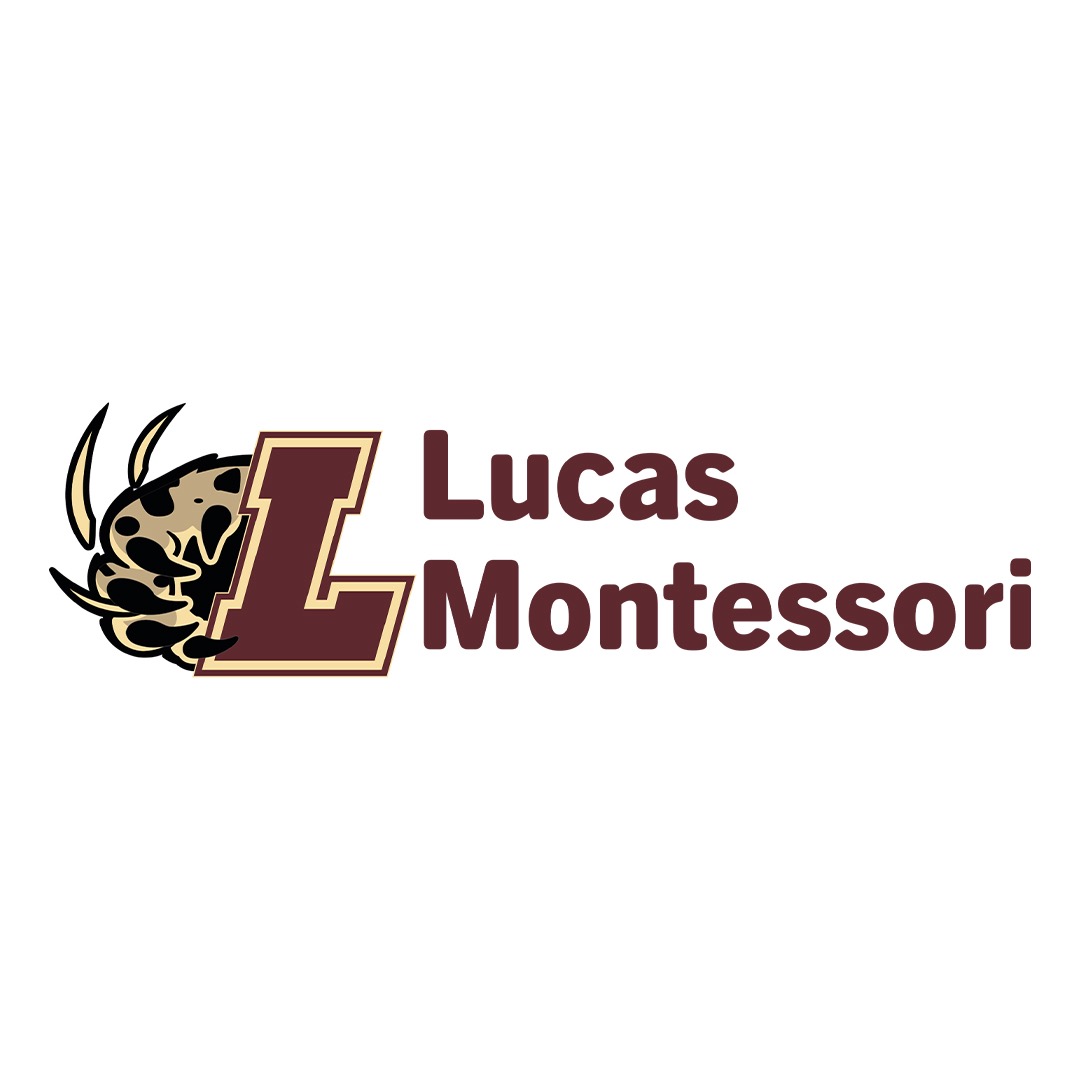 Logo for Lucas Montessori featuring a stylized maroon "L" and tan helmet. The name is in maroon letters. The design conveys education and warmth.
