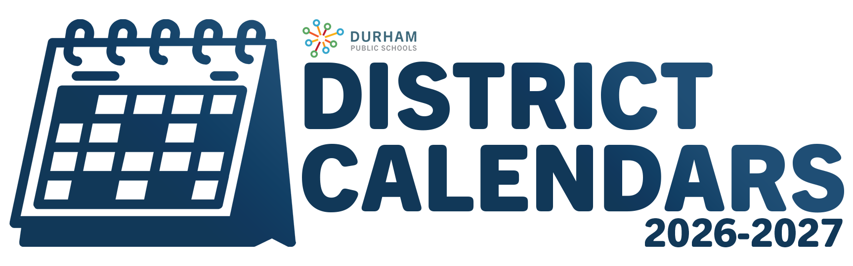 Dark blue graphic with a calendar icon and the text "Durham Public Schools District Calendars 2026-2027" on a black background.