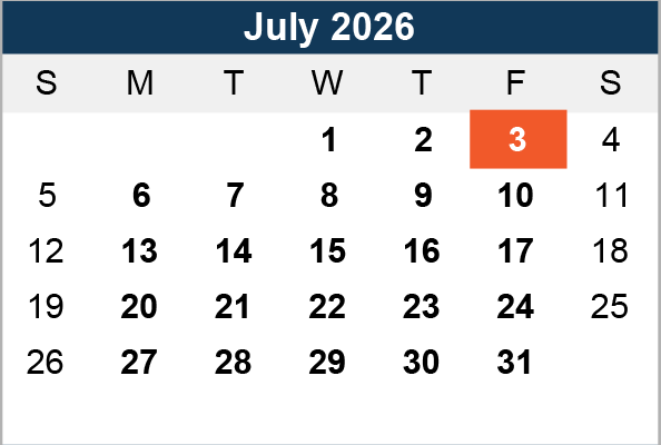 Calendar for July 2026 with a grid layout. Friday, the 3rd, is highlighted in orange, suggesting importance. The tone is simple and informative.