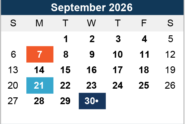 Calendar for September 2026, with special emphasis on the 7th, 21st, and 30th. They are highlighted in orange, light blue, and dark blue, respectively.