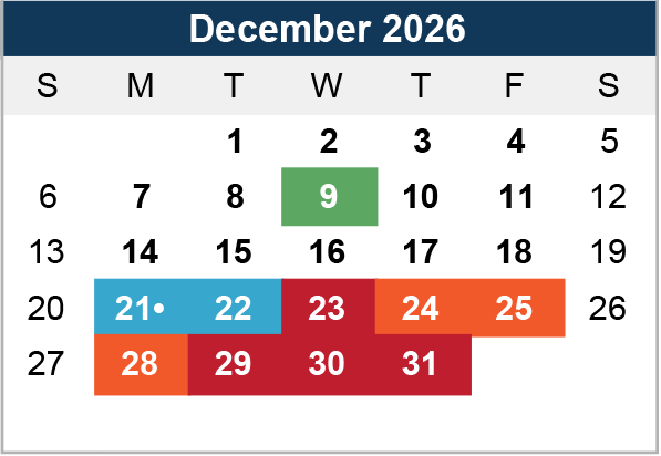 Calendar for December 2026. December 9 is green, December 21-22 are blue, and December 23-31 are red, highlighting specific dates.